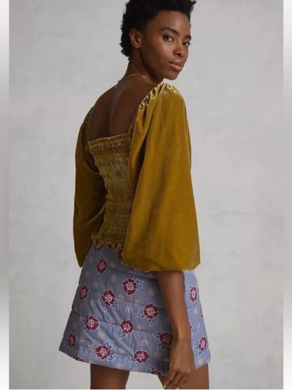 Anthropologie Gold Smocked Body Square Neck Puff Sleeved Velvet Blouse XS - Picture 3 of 11